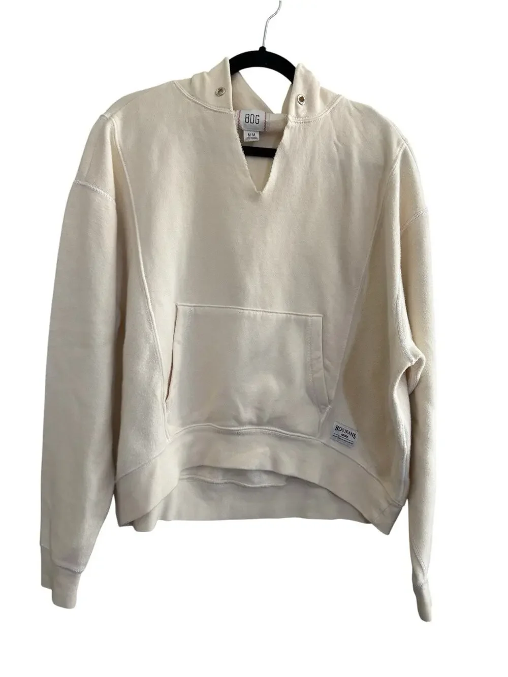 BDG Womens Oversized Cropped Size Medium Cream Colored Hoodie Split VNeck #NE